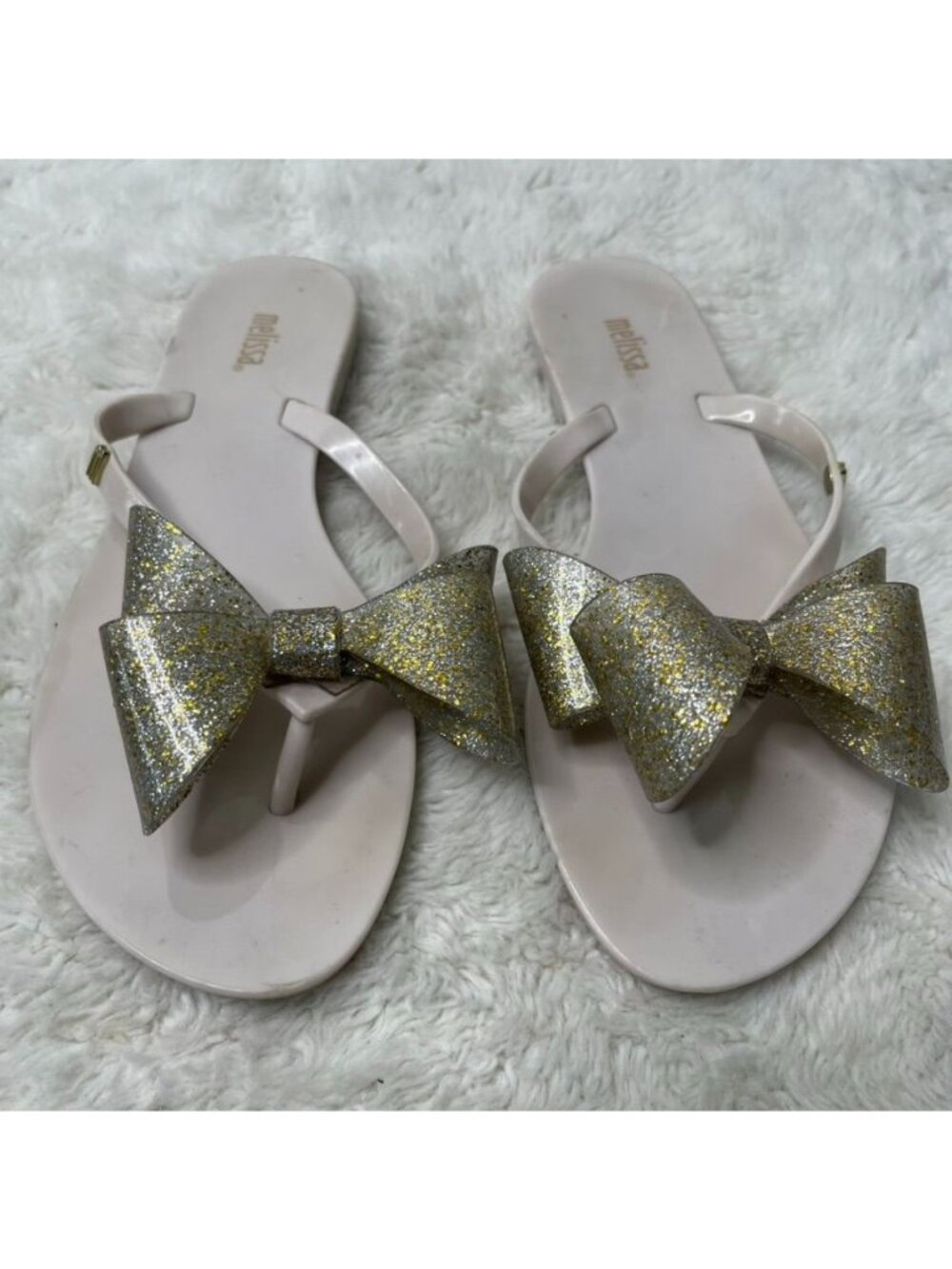 Melissa Harmonic Bow Flip Flops Sandals Gold Glitter Beige Size EU 38 US 7